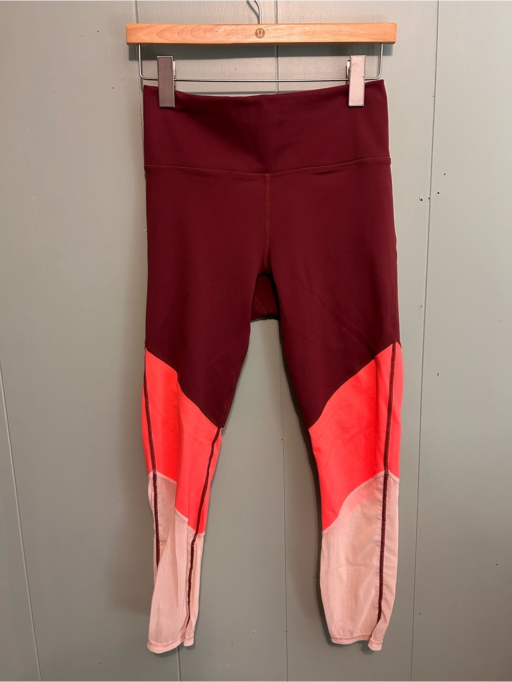 Fabletics Maroon, Coral & Light Pink Colorblock Leggings